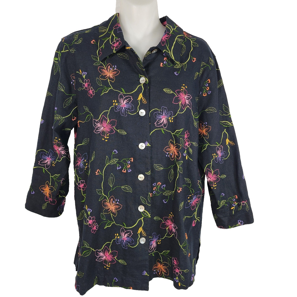 Coldwater Creek Womens Shirt Black Embroidered Floral Button 3/4 Sleeve Linen S